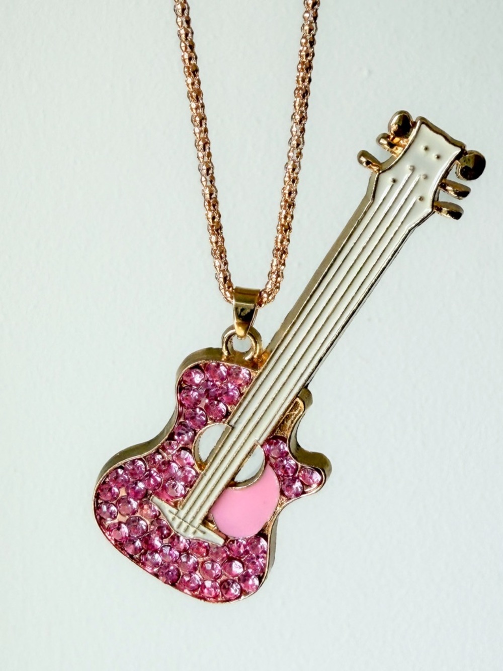 Betsey Johnson Pink Rhinestone Acoustic Guitar Pendant Gold-Tone Necklace NWT